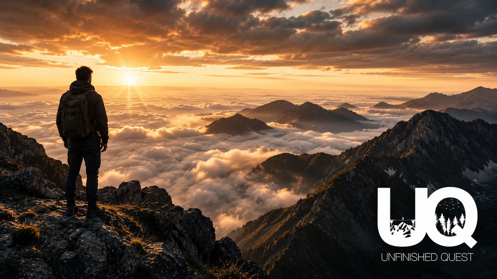 Father standing on mountain summit above clouds at sunset, Unfinished Quest